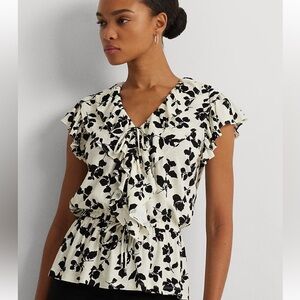 Lauren Ralph Lauren Womens Leaf Print Ruffle Trim Jersey Peplum Flutter Top XL